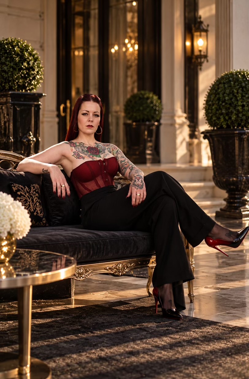 Lady Amber Rose im roten Korsett auf einem Sofa in einem Saal.